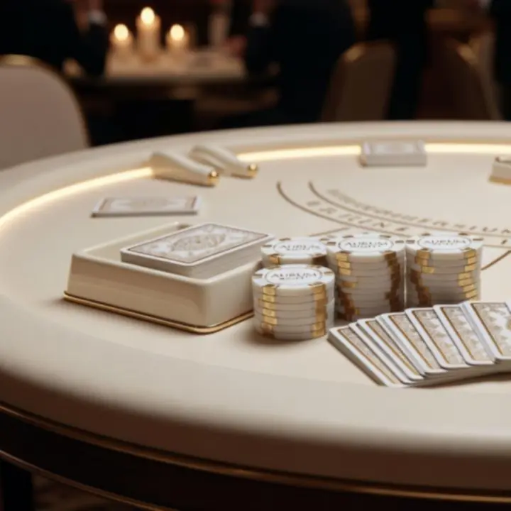 Detale eleganckiego stołu blackjack z żetonami i kartami