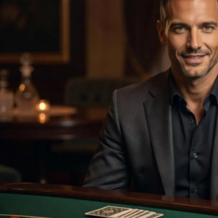 Zbliżenie na prowadzącego event z elegancką stylizacją przy stole blackjack
