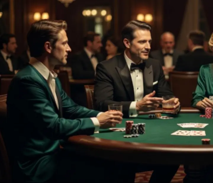 Szeroki kadr stołów pokerowych w ciepłym oświetleniu eventowym
