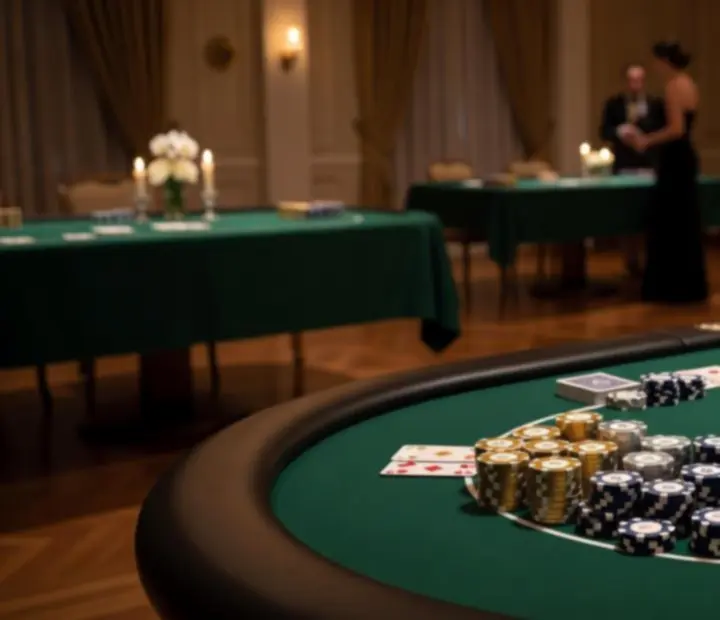 Ciepło oświetlone stoły pokerowe przygotowane na wydarzenie