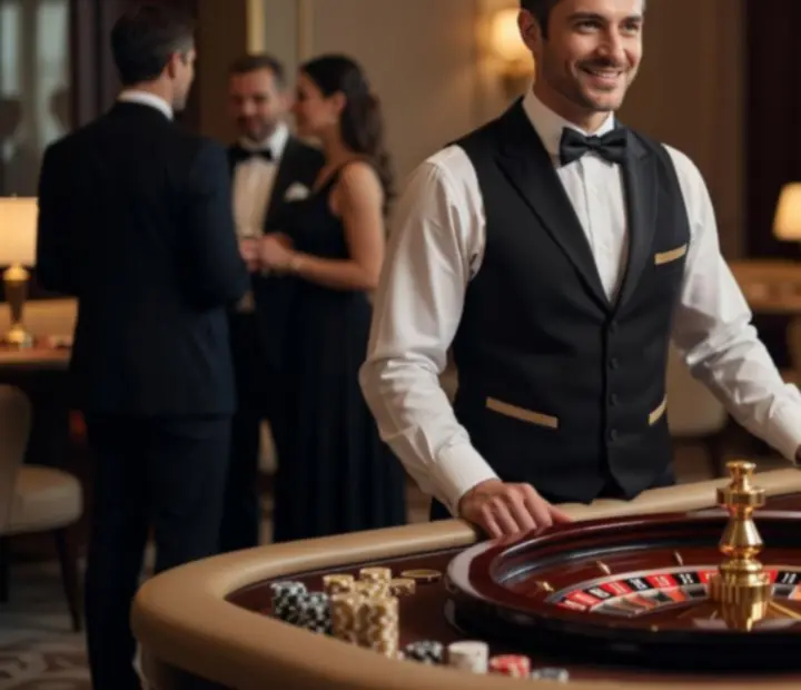 Prowadzący ruletkowej atrakcji w eleganckim stroju przy stole